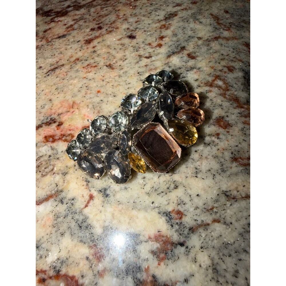 Vintage Amber & Smoke Rhinestone Ear Climber Clip-On Earrings - Picture 4 of 8